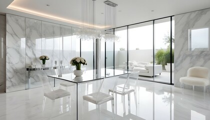 A contemporary white room with transparent acrylic chairs paired with a marble dining table, set against a backdrop of mirrored walls that visually expand the space.