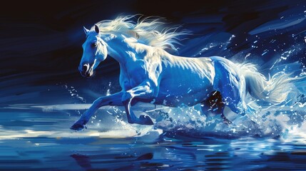 Obraz na płótnie Canvas A white horse gallops through water, creating splashes on its legs