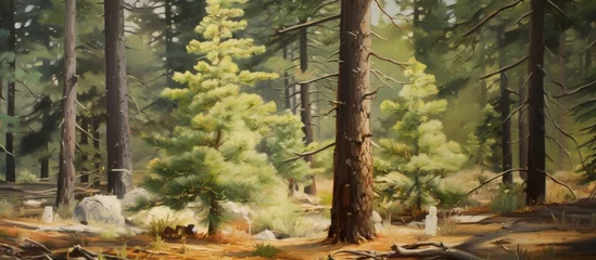 Badkamer foto achterwand A natural landscape painting featuring a forest with various terrestrial plants such as trees, shrubs, and grass. The scene includes conifer trees with their distinctive trunks and lush greenery © AkuAku