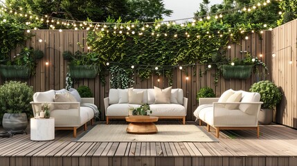 Small wooden terrace in a modern, contemporary style with a 3D render of the garden, plank flooring, a green wall fence, white fabric furniture, and string lighting