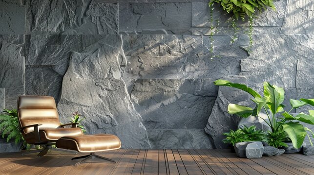 Wooden terrace with a 3D render of an empty gray nature stone wall, adorned with a brown leather chair and leaves scattered across the floor
