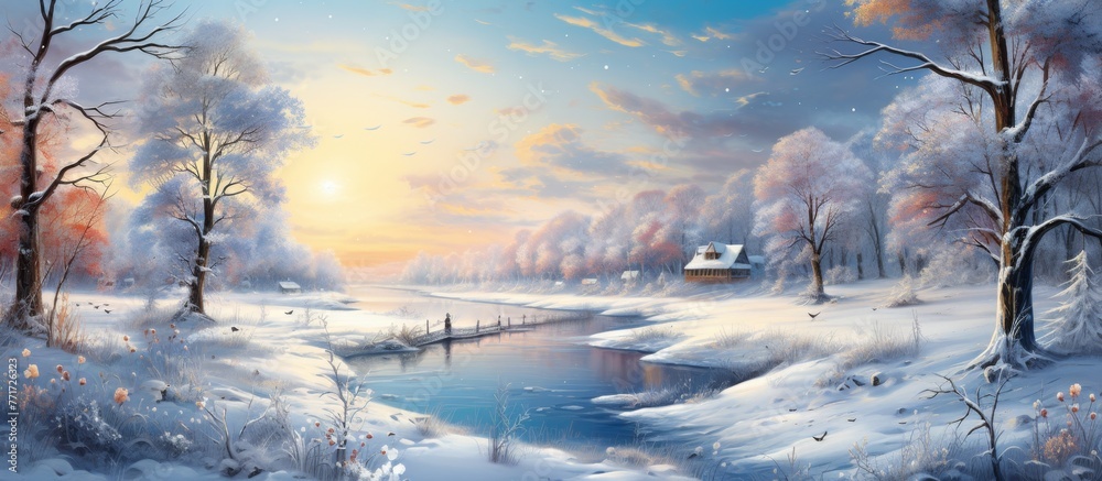 Sticker a picturesque painting capturing a snowy landscape with trees lining a river. the serene atmosphere 