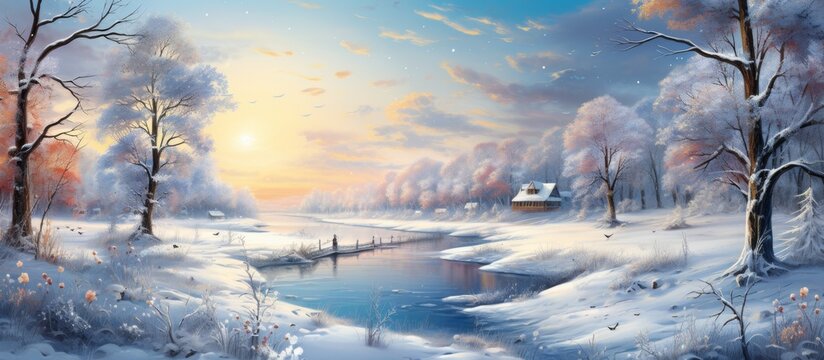 A picturesque painting capturing a snowy landscape with trees lining a river. The serene atmosphere is emphasized by the cloudy sky and peaceful natural setting