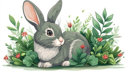  A rabbit sits in green grass amidst colorful flowers and rustling leaves against a pure white background