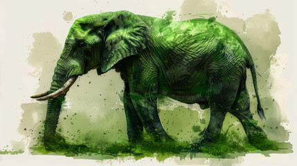  A digitally painted elephant with green paint splatters on its body and tusks