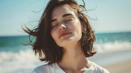 Serenity by the Sea: Close-Up of a Woman Embracing the Breeze. Generative ai