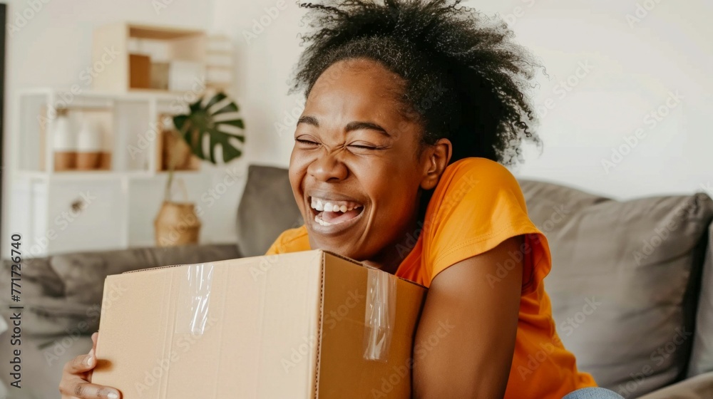 Wall mural joyful woman embracing a delivered package at home. generative ai