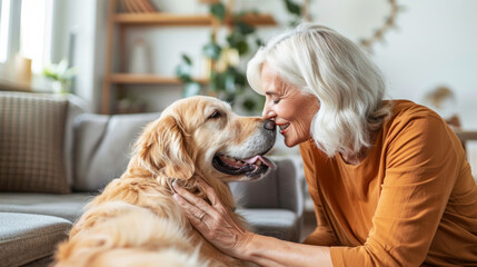 Shared moments.  woman playing with dog at home, 