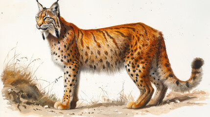  A lynx stands atop a dry, grass-covered field adjacent to another in a painting