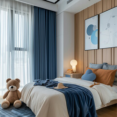 a kids bedroom adorned with sheers and curtains and minimalist Japandi furniture. with blue curtains drawn closed - obrazy, fototapety, plakaty