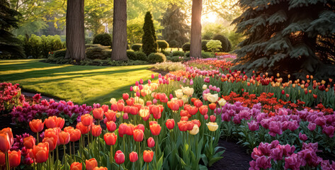 A garden with a path and a row of flowers. The flowers are of different colors and are arranged in a way that creates a sense of harmony and balance. The garden is a peaceful and serene place
