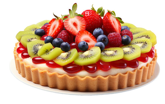 A delicious fruit tart adorned with juicy kiwis, luscious strawberries, and sweet kiwis