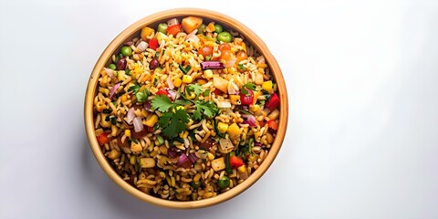Indian street food Bhel puri a savory snack made of puffed rice vegetables and tangy tamarind sauce on a white background. Concept food, Indian cuisine, street food, Bhel puri, tangy sauce