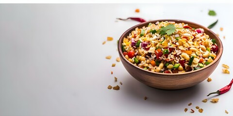 Delicious Indian Street Food: Bhel Puri with Puffed Rice, Vegetables, and Tangy Tamarind Sauce. Concept Indian Cuisine, Street Food, Bhel Puri, Puffed Rice, Vegetables, Tamarind Sauce - obrazy, fototapety, plakaty
