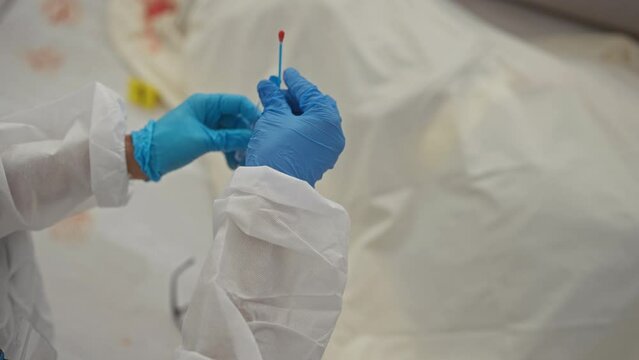 A person in protective wear holds a cotton swab with a blood drop for evidence during an indoor investigation.