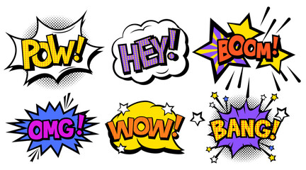 Collection of comic speech effects. Pop art comic book text speech bubble. Colored set sound bubble effects in pop art style. Vector illustration. EPS 10.