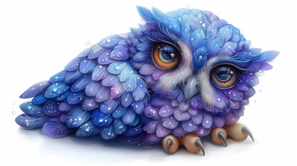  A blue-purple owl painting with droplets of water on wings and eyes, seated on a white background