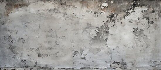 A close up of a grey concrete wall with peeling paint, under a freezing sky filled with cumulus...