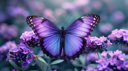 Naklejka premium A close-up image of a butterfly resting on a plant with purple flowers in focus, and a softly blurred background