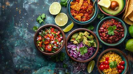 top view of mexican foods for cinco de mayo festival on the dark green table sush as salsa,...