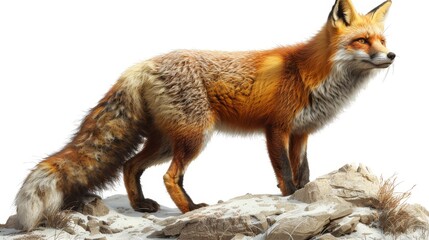  Red fox on snow, rocks in background