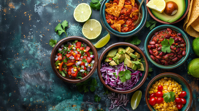 top view of mexican foods for cinco de mayo festival on the dark green table sush as salsa, guacamole, nachos