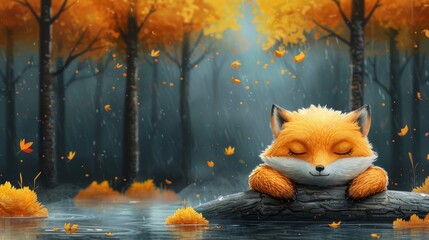 Fototapeta premium A picture of a fox napping on a log amidst an autumnal forest, surrounded by leaf-covered trees