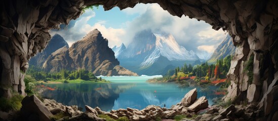 A natural landscape with a view of a serene lake, surrounded by mountains, seen through a cave. The sky is reflected in the calm water, with clouds drifting by