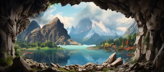 Door stickers Reflection A natural landscape with a view of a serene lake, surrounded by mountains, seen through a cave. The sky is reflected in the calm water, with clouds drifting by