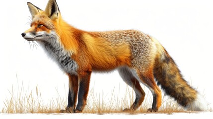 Fototapeta premium Red fox head-turned side, field grass close-up