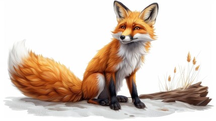 Fototapeta premium A red fox rests atop a snowy ground beside a fallen tree branch