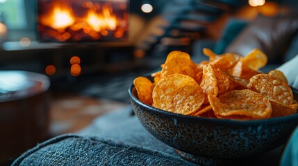 Cozy Evening with a Bowl of Chips by the Fireplace - obrazy, fototapety, plakaty