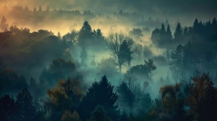  A forest, with many trees, fogs over it, and more trees within - obrazy, fototapety, plakaty
