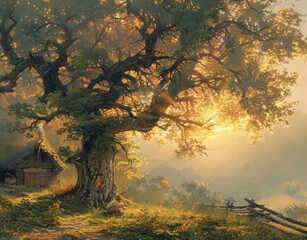  A serene depiction of a tree against a field, with a house backdrop and radiant sunrays filtering through