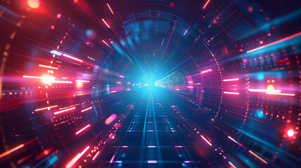 Futuristic tunnel, Blue and red lines, glowing light effect. hitech style.
