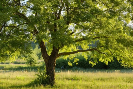 Large Tree Standing in Grassy Field by Forest