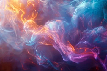 Zelfklevend Fotobehang A closeup image capturing colorful smoke in shades of purple, violet, and magenta against a dark background, resembling a unique art piece in the atmosphere © AminaDesign