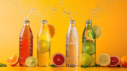 Vibrant Freshness in Bottles, Citrus Splashes, Beverage Concept. Dynamic Liquid Motion, Summer Refreshments, Artistic Presentation. AI