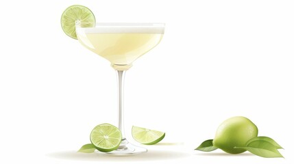  A glass of white wine with a slice of lime and a lime wedge on the rim