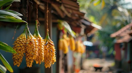 Traditional Sinhala and Tamil New Year decorations, such as handwoven palm leaf decorations (Kokis) hanging outdoors, with the backdrop of a village setting. - obrazy, fototapety, plakaty