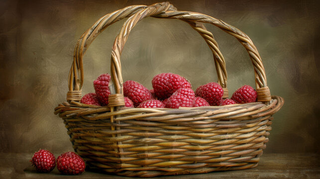  An image of a table with two baskets, one holding raspberries and the other overflowing with them The first basket is positioned on top of the second, making it seem like