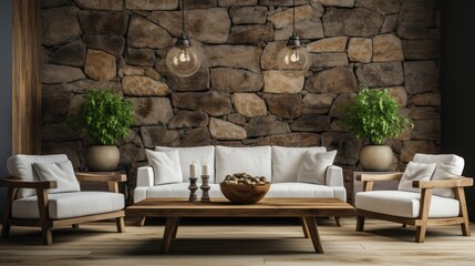 A living room with a stone wall and a white couch. The room has a modern and sophisticated feel