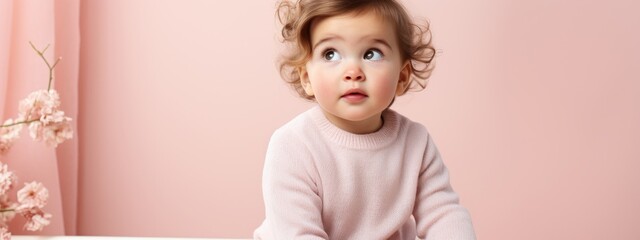 Fototapeta premium Portrait of a little cute child who is stuck in thoughts, baby is thinking 