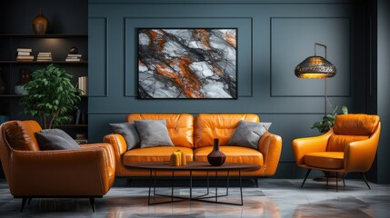 A living room with a couch, chair, and coffee table. The couch is orange and the chair is also orange. There is a vase on the coffee table and a potted plant in the room