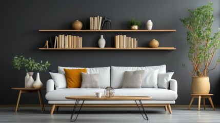 A living room with a white couch, coffee table, and potted plant. The room has a modern and minimalist design with a few decorative elements such as vases and books. The atmosphere is calm - obrazy, fototapety, plakaty