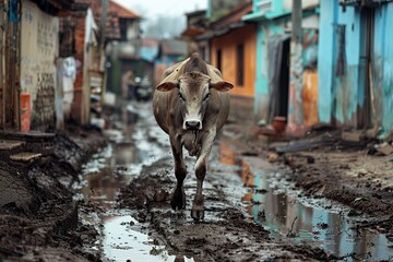 Cow Walking Down Muddy Street - obrazy, fototapety, plakaty