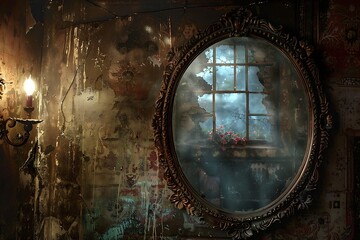 : An antique mirror capturing a mysterious and dimly lit scene