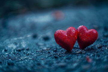 Fototapeta premium Two Red Hearts on Green Surface