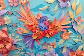 Fototapeta na wymiar Colorful Bird Crafted From Paper Flowers