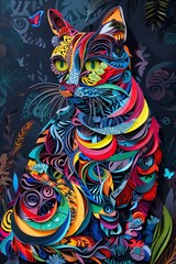 Fototapeta na wymiar Vibrant Paper Cat on Black Background